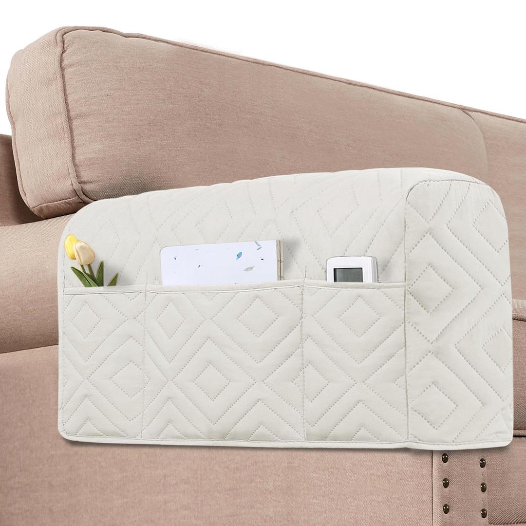 H.VERSAILTEX Armrest Covers for Sofa Water Resistant Couch Arm Covers Remote Control Holder Sofa Armrest Organizer for Magazine, Tablet, Phone, iPad(Set of 2, Ivory/Beige)