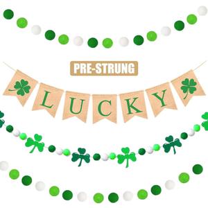 Lucky Banner, 4 Pcs St. Patricks Day Decoration Burlap Bunting Pennant and Felt Shamrock with Green White Pom Pom Ball Garland Irish Lucky Day Party Hanging Decor for Home Mantel Office Classroom
