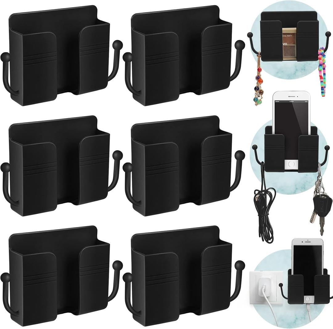 Jetec 6 Pcs Wall Mount Phone Holder Self-Adhesive Wall Beside Organizer Storage Box Plastic Charging Phone Stand Remote Brackets Holder for Bedroom(Black)