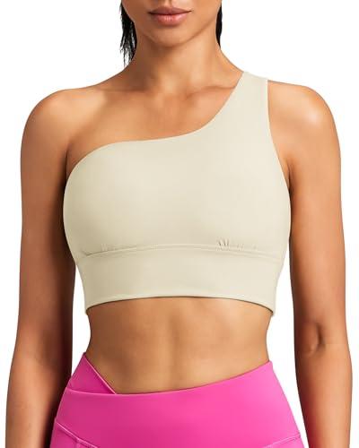 Queenie Ke Womens One Shoulder Sports Bra Left Side Strap Yoga Bras Medium Support Gym Training Workout Athletic Crop Top Ivory White Large