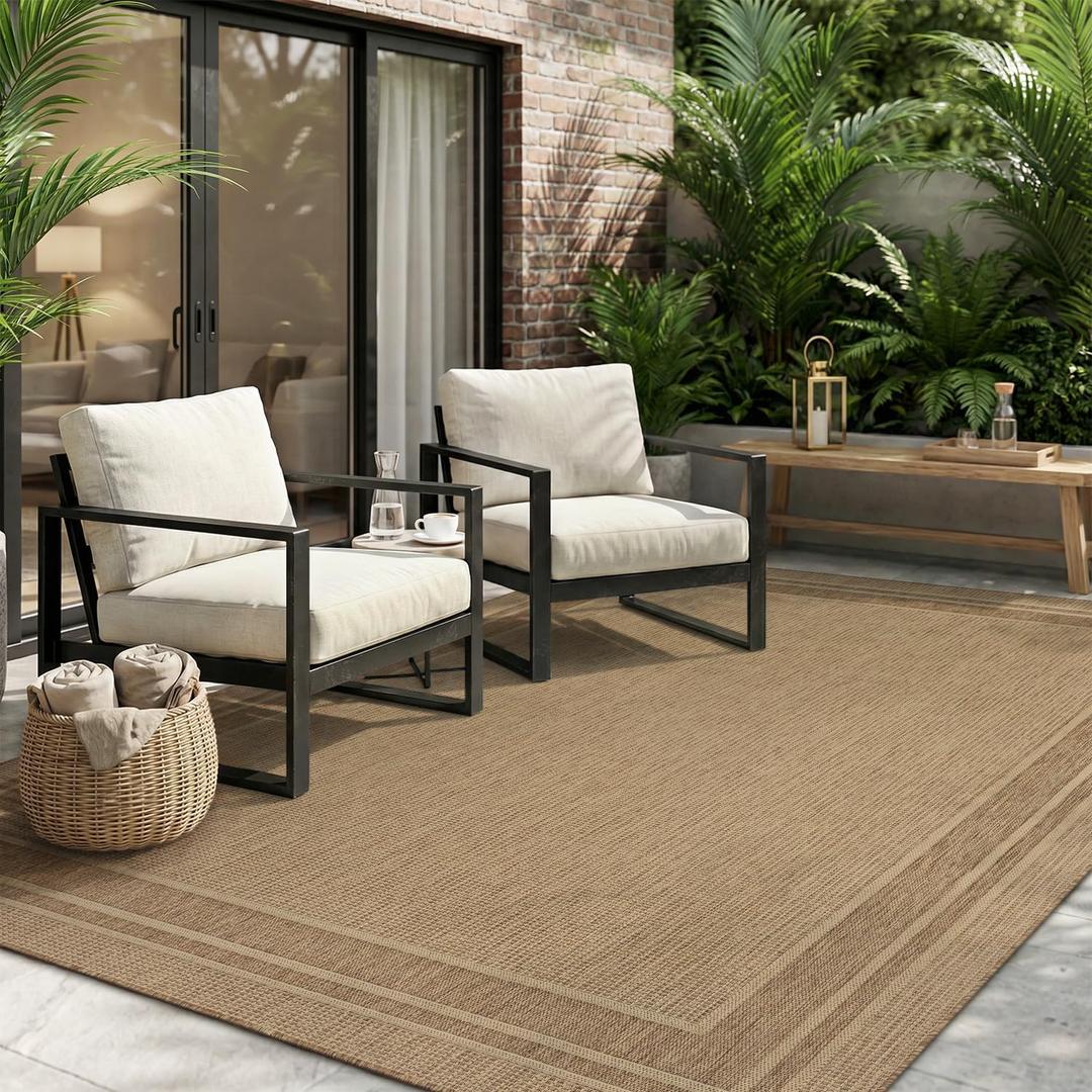 MontVoo-Outdoor Rug-Patio Rug 5x7 ft Polypropylene Indoor Outdoor Rugs Outdoor Carpet for Patio Deck Balcony Porch, Textured Weave, Durable for High Traffic, Fade-Resistant, Modern Neutral Brown