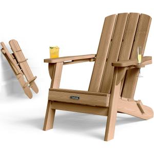 Folding Adirondack Chair with Wood Texture, HDPE All-Weather Fire Pit Chairs, Plastic Adirondack Chairs with 2 Cup Holder, Outdoor Lawn Chair for Patio Garden (Teak)