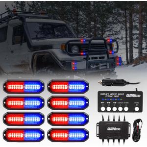 WINECO Police lights for vehicles, 8PCS LED Surface Mount Strobe Lights Kit Emergency Safety Warning Flashing Grill Grille Lighthead Assembly for Emergency Trucks Vehicles Cars construction Red Blue