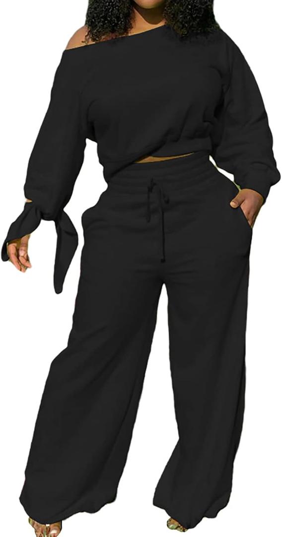 Sexycherry Casual 2 Piece Outfits for Women Sexy Long Sleeve Sweatsuit Jogging Long Pants Sets Tracksuit with Pockets (X-Large, Black)