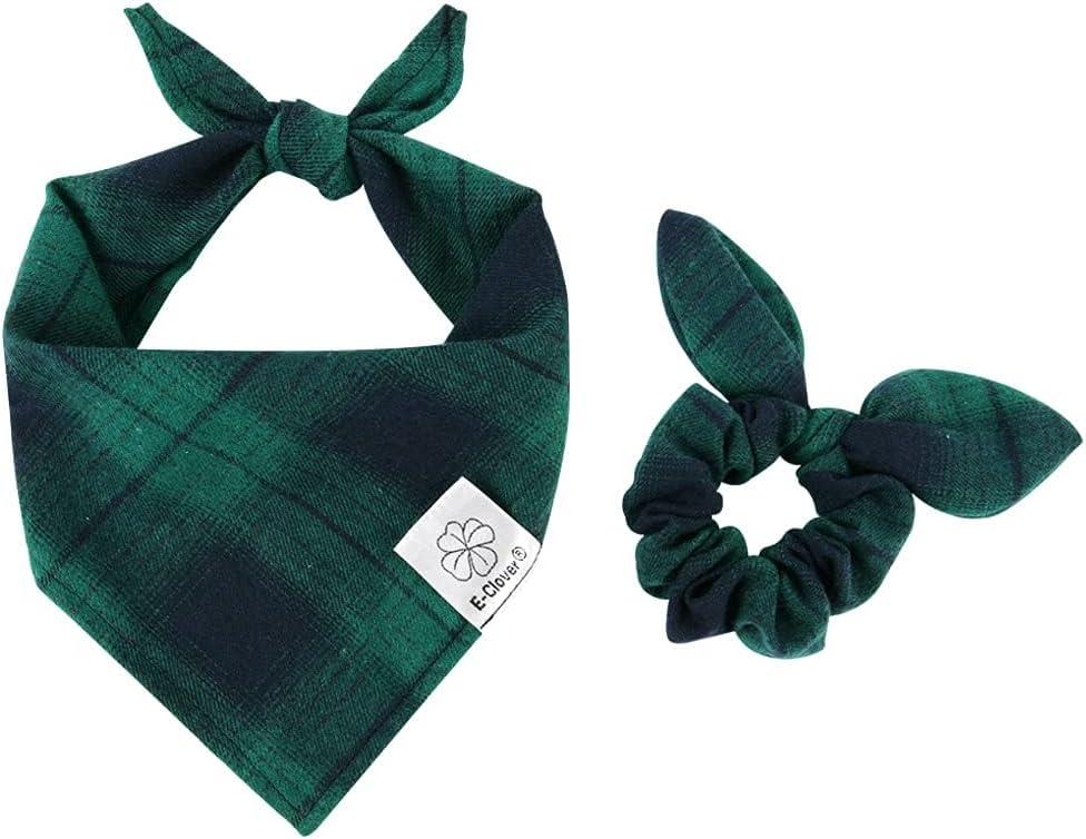 E-Clover Spring Dog Bandanas Boy & Matching Scrunchie Set Plaid Dog Bibs Scarf Triangle Kerchief Bandana for Medium Large Dogs Birthday Gifts Pet Owner Mom Green 