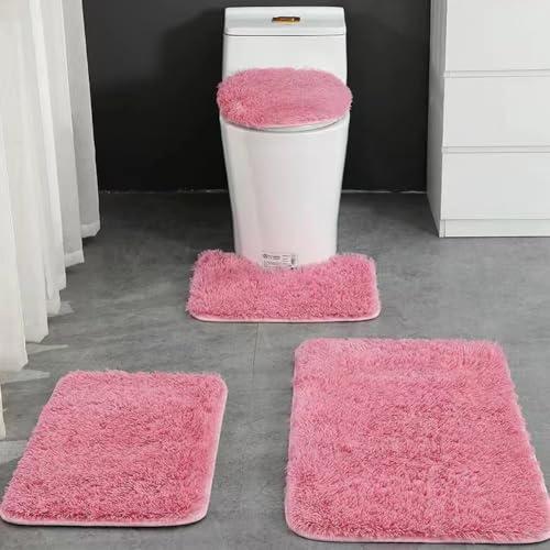 Huniupore 4 Piece Non Slip, Toilet Lid Cover and Contour Mat, Bath Mats Shower Mats Bath Rug Mat for Tub Toilet Bathroom (Pink)