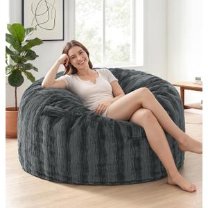fond + found Adult Bean Bag Chairs 4FT Large Lounger, Wave Cover, Grey | Portable Handle, Removable and Washable Cover, Memory Foam Filled, Relaxing, Reading, Medium, Soft Wave Pattern Plush Fabric