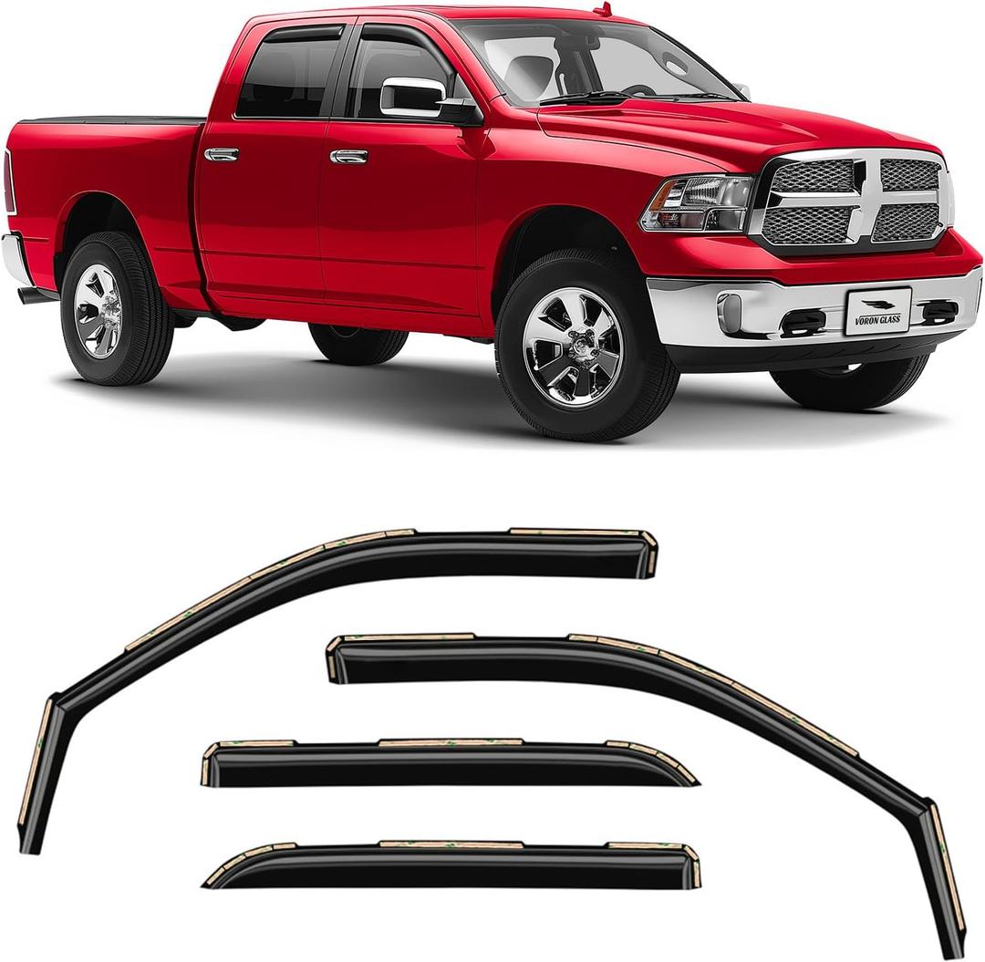 Voron Glass in-Channel Extra Durable Rain Guards for Trucks Dodge RAM 2009-2018 Crew Cab/Dodge Ram 1500 Classic 2019-2024 Crew Cab, Window Deflectors, Vent Window Visors, 4 Pieces - 220010