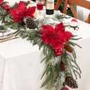 Christmas Garland Decorations, 5.9 FT Real Touch Pine Garland with Red Poinsettias, Flocked Christmas Garland with Red Berries Balls Pinecones for Mantle Front Door Fireplace Table Decor