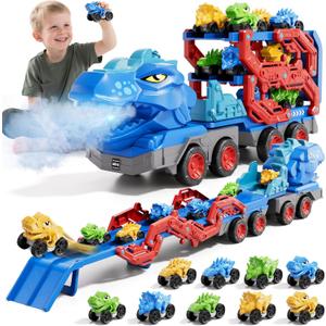 10 in 1 Dinosaur Truck Toys for Kids Toddlers Boys 3-5 4-8, Dino Carrier Truck with Foldable Track, Spray, Light & Sounds and 9 Dino Cars, Birthday Gifts for Kids Boys Girls 3 4 5 6 7 8 Year Old