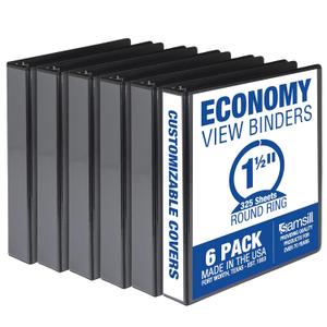 Samsill 1.5 Inch 3 Ring Binders, Economy Round Ring, Clear View Cover, 325 Sheet Capacity - for School, Home, Office - Black, 6 Pack