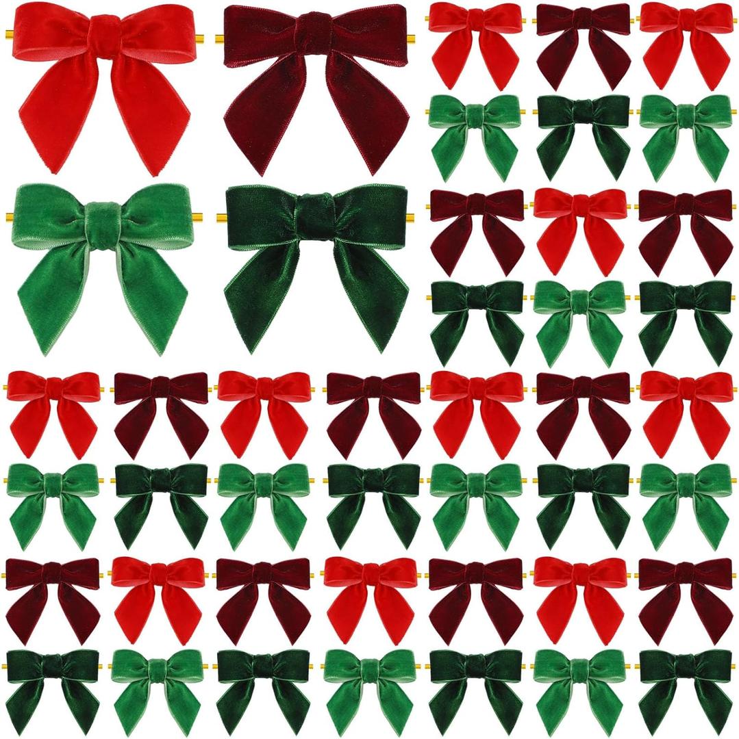 48 Pcs Christmas Velvet Bows 3.15" Rustic Wreath Gift Bows for Tree Pre Tied Bows Premade Gift Bows Velvet Ornament for Wreath Christmas Tree Gift Wrapping Winter Wedding(Red and Green)