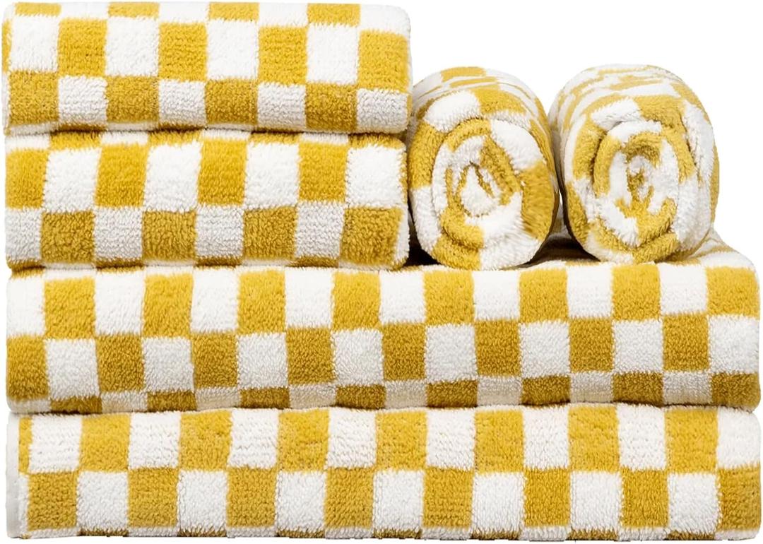 Checkered Bath Towels Set of 6 Large, Microfiber Shower Towels * 2 (55 * 28 in), Hand Towels * 4 (29 * 14 in),Towels for BathroomPoolHotelSpa, Soft Absorbent Quick-DryYellow