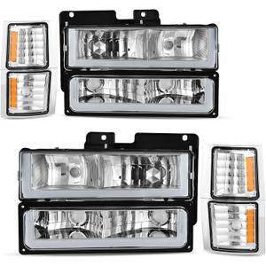 AUTOSAVER88 LED DRL Headlights Assembly Compatible with 1994-1999 Chevy C/K C10 Suburban Tahoe Headlight Headlamp Replacement with Corner Light Chrome Housing Amber Reflector