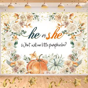 Autumn Pumpkin Gender Reveal Backdrop 8x6FT Fall Pumpkin Theme He or She Gender Reveal Photography Background Boy or Girl Baby Shower Party Decorations Supplies Photo Props
