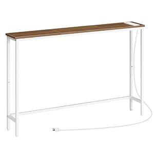 HOOBRO Narrow Console Table with Power Outlets, 44.9 Inches Sofa Table, Slim Behind Couch Table, Entryway Table with Display Shelf, for Living Room, Foyer, Hallway, Walnut and White WH114UXG01