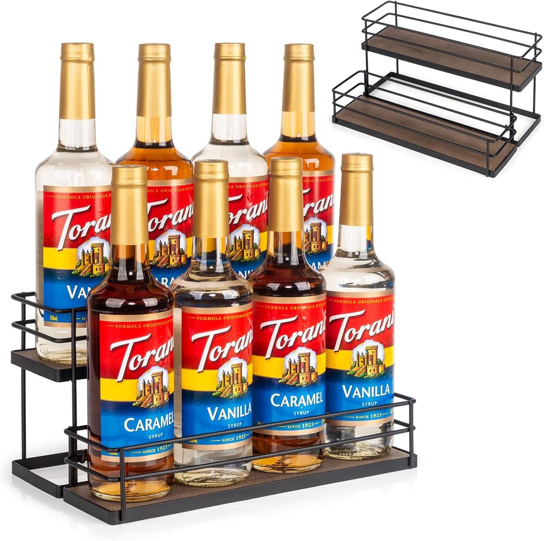 8 Bottle Capacity Coffee Syrup Organizer 2 Tier Coffee Syrup Stand Shelf for Coffee Bar Kitchen Small Wine Rack for Bar Family Storage for Syrup Wine Dressing