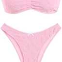 ZAFUL Women's Strapless Bikini Openwork Textured Bow Ruched Lace Up High Cut Bandeau Swimsuit Bathing Suits, Pink, M