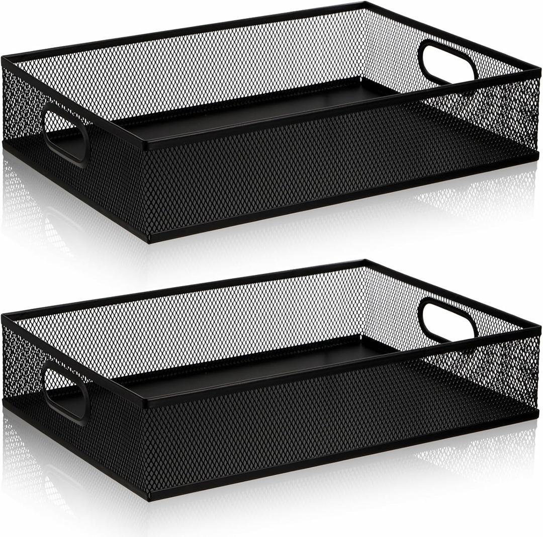 Elsjoy 2 Pack Desk Drawer Organizer Tray, Metal Mesh Desktop Storage Tray Office File Organizer with Handle, Portable Large Storage Basket for Office Supplies, Craft, Magazine, Paper