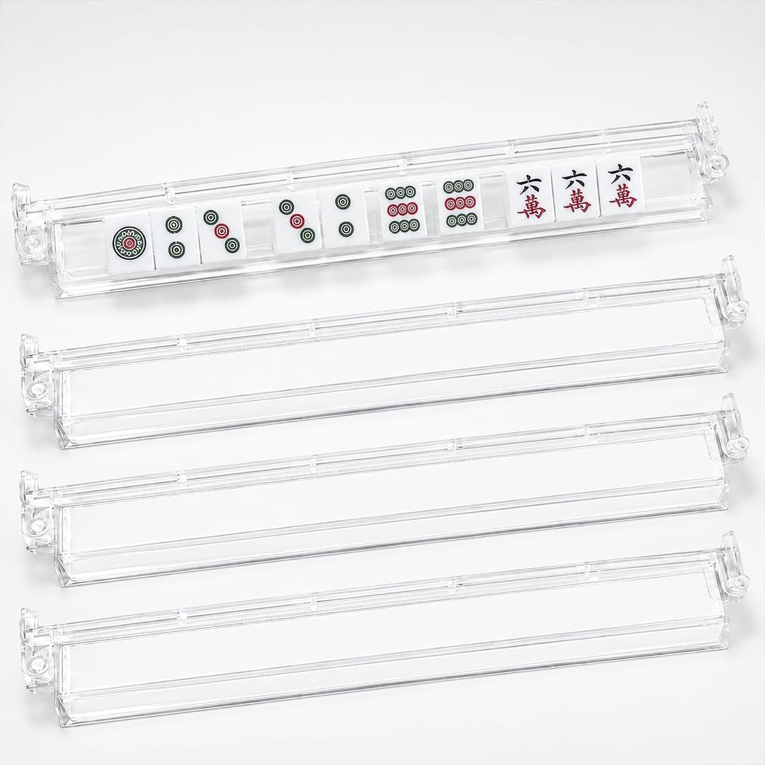 MAILIE Mahjong Racks with Pushers, 4 Pack Clear Acrylic Mahjong Tile Rack and Pusher Combo for American Mahjong, Non-Slip Folding Mahjong Accessories Set