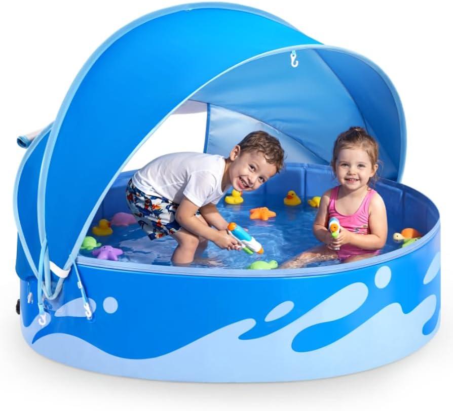 Peradix Paddling Pool for Kids and Dogs, 48" Portable Baby Pool with Canopy for Toddlers Summer, Foldable Kiddie Tent with Sun Shade Outside Water Toys for Backyard Beach, Easy Setup & Carrying Bag
