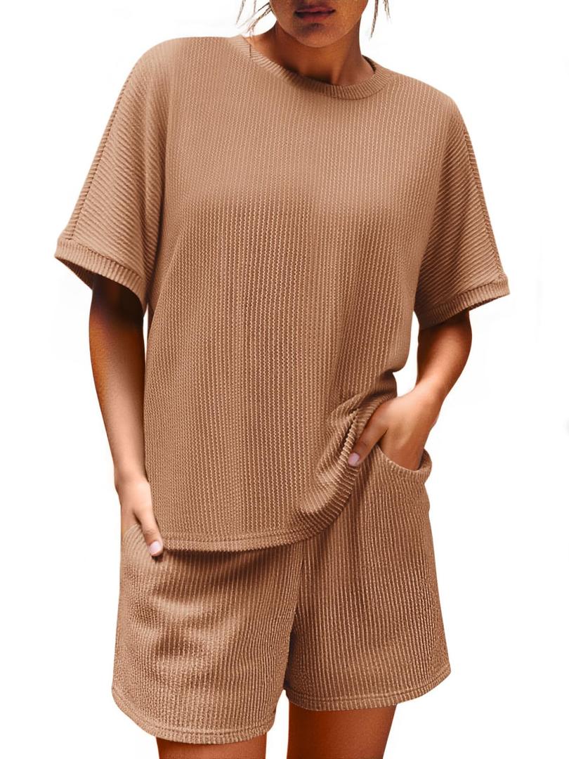 Imily Bela Womens 2 Piece Outfits 2025 Oversized Summer Short Sets Casual Beach Ribbed Short Sleeve Matching Set (M)