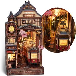 Sakura Train Book Nook Kit  LED 3D Wood Puzzle with Infinity Mirror  DIY Bookshelf Decor, Miniature Craft Gift for Kids and Adults