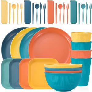 36PCS Wheat Straw Dinnerware Sets - Reusable Plates and Bowls Sets, Unbreakable Cups, Knives, Forks, Spoons & Chopstick, Microwave, Dishwasher Safe Tableware Kitchen Outdoor Camping Presents