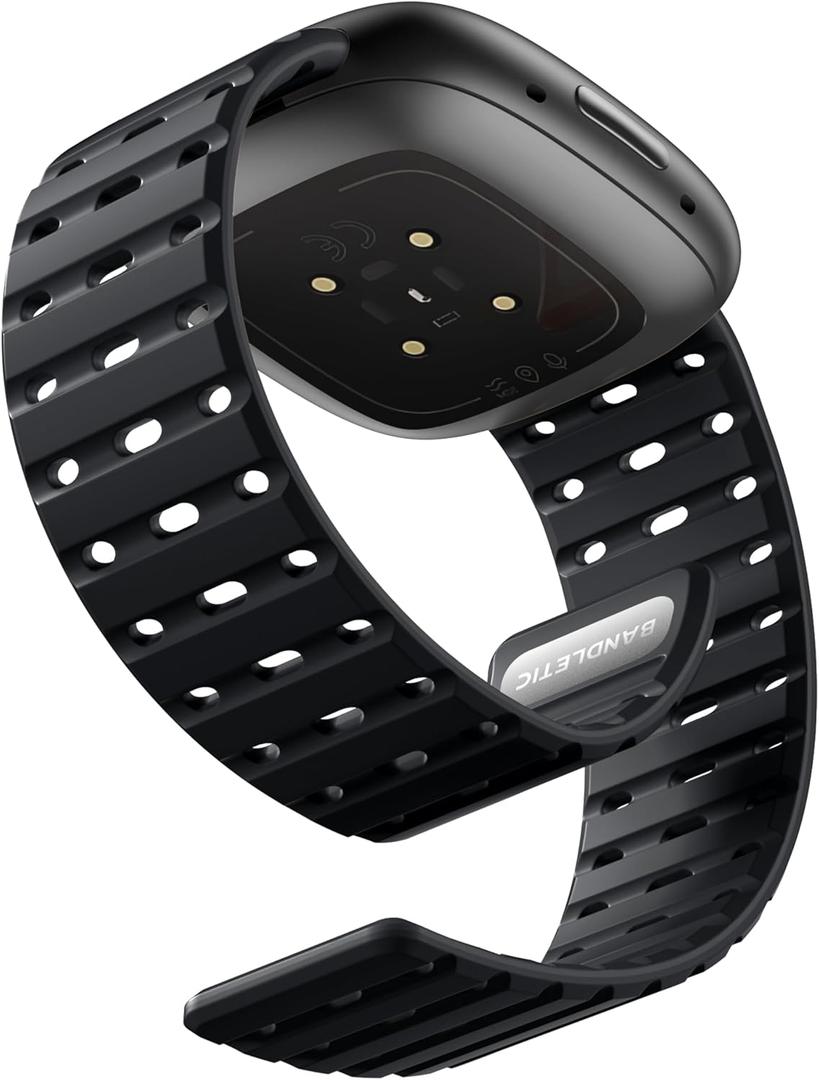 Bandletic Magnetic Watchband Compatible with Fitbit Versa 4 Bands for Men and Women, Rugged Silicone Sport Replacement Gifts Strap for Fitbit Versa 3/Sense 2/Sense, Black