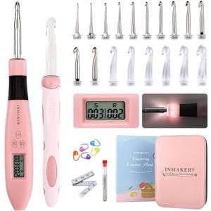 INMAKER Light up Crochet Hook Set, 18in1 Lighted Crochet Hook with Counter, Crochet Needles Gifts for Beginners, Arthritic Hands(2.0-14.0mm)