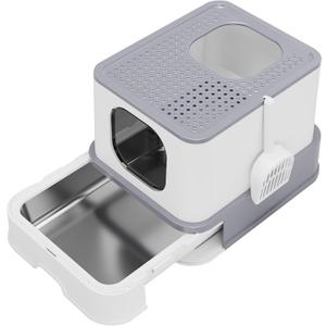 RIZZARI Stainless Steel Cat Box: Large Gray Enclosed Design Litter Pan - High-Edged & Teflon Coating - for Superior Odor Control & Easy-Clean Drawer - Ideal for Multi-Cat Homes Garage