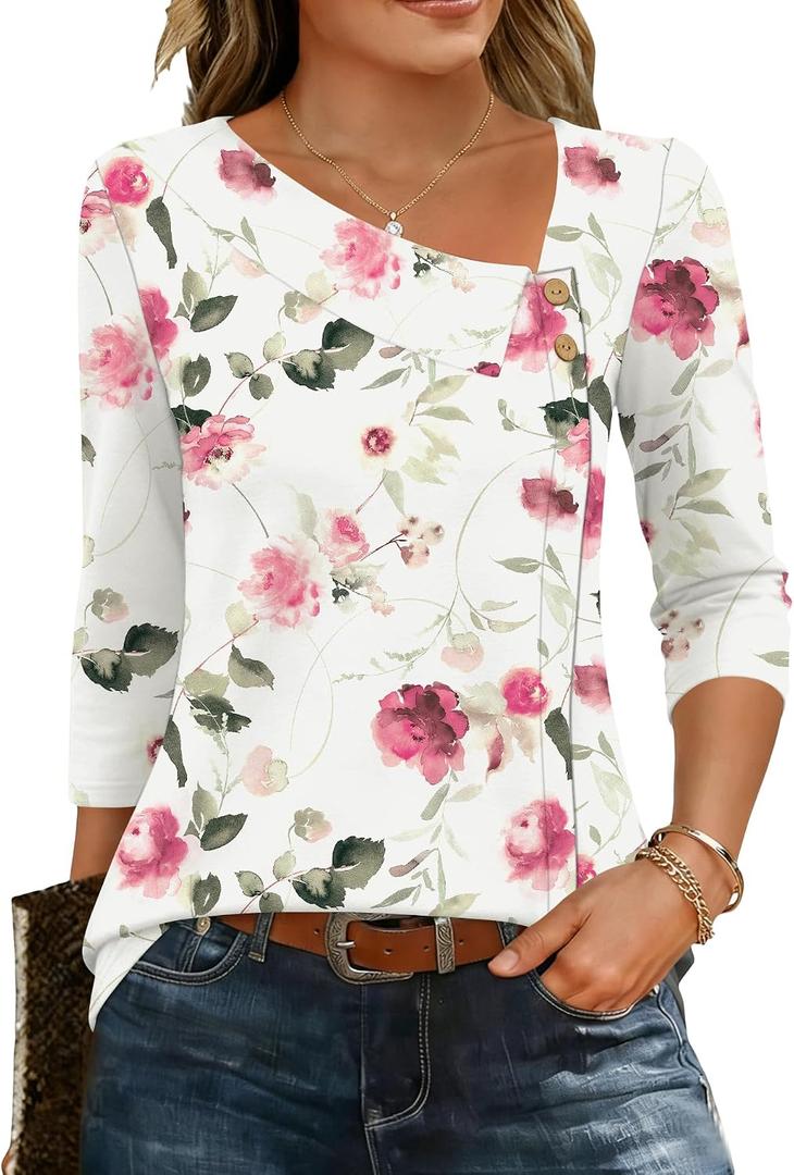 LUYAA Spring Tops for Women Fashion Clothing Business Casual Floral Print 3/4 Sleeve Dressy Shirt Loose Fit Button Blouses Red Floral XXL