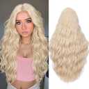 Fancy Hair Platinum Blonde Long Wavy Wig Long Blonde Synthetic Middle Part Curly Wavy Wig for Women Daily Halloween Cosplay 28 Inches