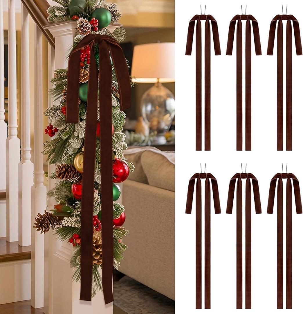 SIMISI RIBBON Brown Long Velvet Bows Ornaments for Christmas Tree, Wreath, Garland, Swag, Staircase, Fireplace, Door (15 * 24 inch, 6 Pieces)