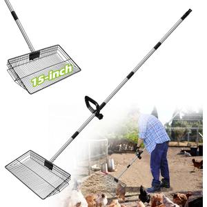 Jusoney 15" Extra Large Stainless Steel Manure Scoop w/5-in-1 Adjustable Handle (37.8"-77.6"), Ergonomic Sifter Shovel for Chicken Coop, Cat Litter, Pet Waste Cleaning Tools