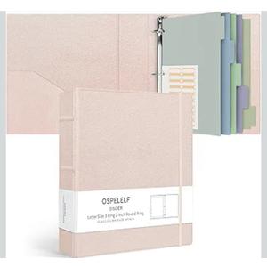 Ospelelf Vintage Hardcover 3 Ring 2 inch Leather Binder, Professional Binders Organizer Suitable for Letter Size Documents, Binder Dividers with Tabs, Rose Gold