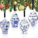 Goaste 4 Pack Mini Ginger Jar Ornaments, Christmas Hanging Pendant, Chinoiserie Ceramic Hanging Ornaments, Blue and White Porcelain Christmas's Tree Decor for Christmas, Home Decoration