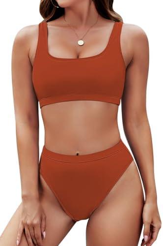Pink Queen Women's Crop Top High Waisted Cheeky Bikini Set Two Piece Swimsuits, Medium, Burnt Orange