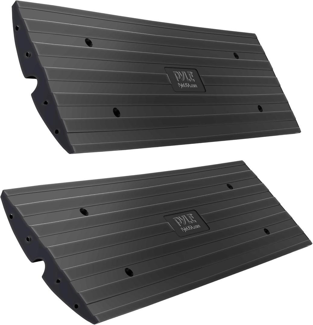Pyle Car Vehicle Curbside Driveway Ramp - 4ft Heavy Duty Rubber Threshold Bridge Tracks Curb Ramps, 2 Pieces Set (for Car, Truck, Scooter, Bike, Motorcycle, Wheelchair Mobility), Black