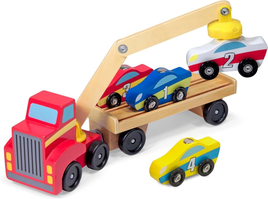 Melissa & Doug Magnetic Car Loader Wooden Toy Set with 4 Cars and 1 Semi-Trailer Truck Crane Wooden Toy, Vehicle Toys for Kids Ages 3+
