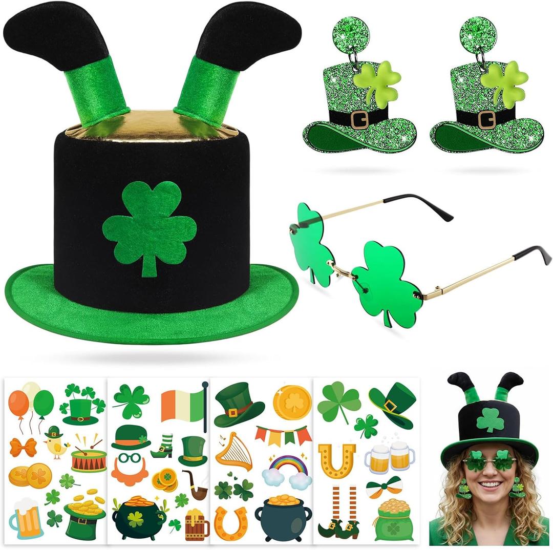 7 Pcs St. Patrick's Day Costume Accessories Leprechaun Top Hat Shamrock Earrings Glasses Irish Stickers Set for Women