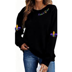 LLHXRUI Embroidery Sweatshirt for Women-Fat Tuesday Long Sleeve T Shirt Carnival Party Pullovers Tops (Large, Black-1)