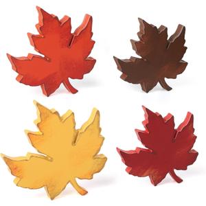 COCHIE Fall Leaves Decorations for Home Indoor, Farmhouse Thanksgiving Table Decor, Vintage Harvest Tabletop Decoration, Wooden Maple Leaf Signs Block for Tiered Tray Party Shelf Display Set of 4
