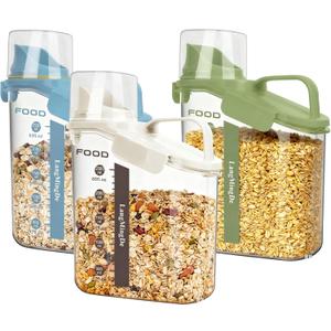 Langmingde 3 Pieces Cereal Containers Storage, 51fl.oz/1.5L Compact Crystal Clear Dry Food Storage Containers with Pouring Spout Measuring Cup for Rice Nuts Beans Pet Food Snacks Candies, 3PCS