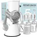 Cambom 5 in 1 Rotary Cheese Grater Hand Crank Cheese Shredder for Fresh Cheese, Vegetable, Nuts,Non-slip Suction Base, Five Blades, White