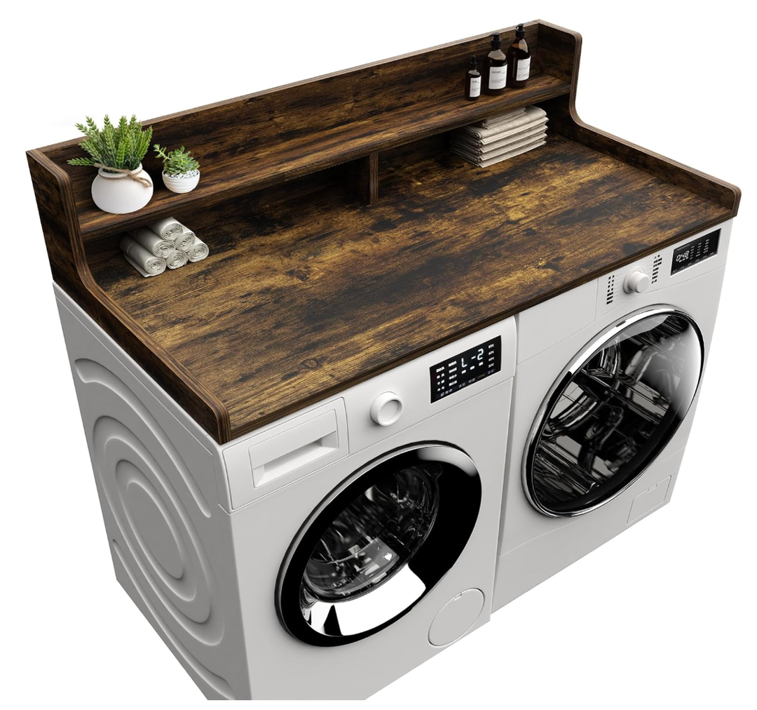 Washer Dryer Countertop, 54" x 27.55" 2-Tier Washer Dryer Topper with Edge, for Laundry Room Organization Rustic Brown