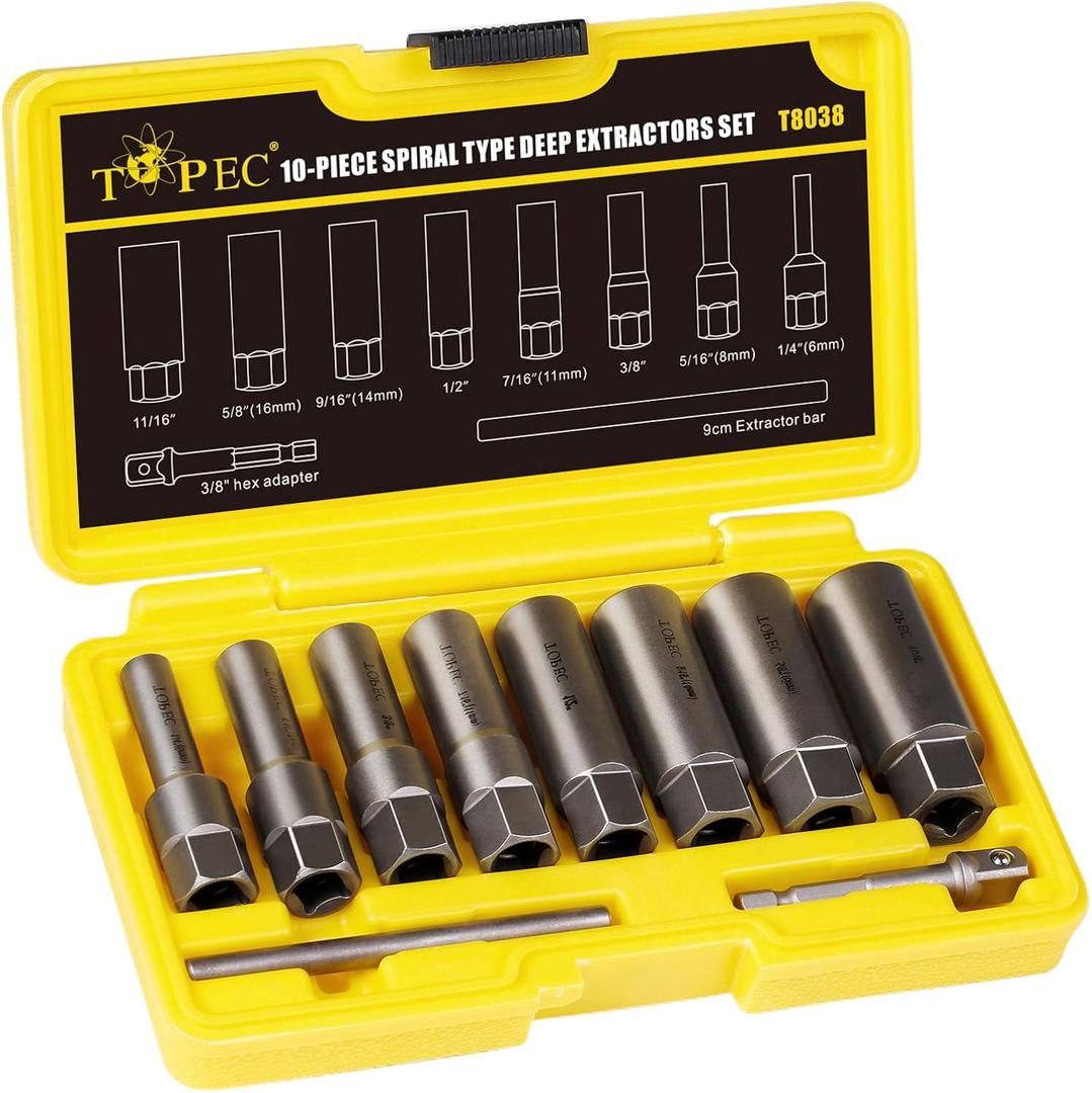 Topec 10-Piece Spiral Type Deep Bolt Extractor Set, Spark Plug Extraction Socket Set, Stripped Lug Nut Remover for Removing Broken, Damaged, Frozen, Rusted, or Rounded-Off Bolts, Nuts, Screws, Studs