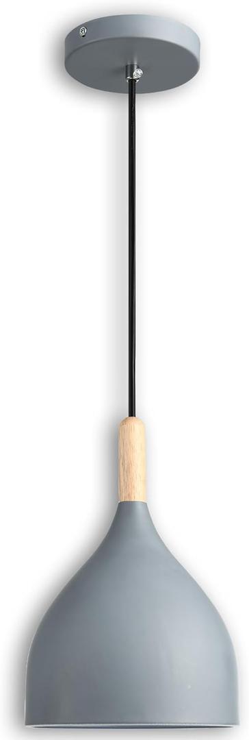 Modern Pendant Light, 6.6"x6.6"x7" Iron Hanging Fixture with Warm Oak Woodgrain, 15"-72" Adjustable Cord, E26 Socket, 4.7" Ceiling Canopy for Kitchen, Hallway  Ashwood Gray