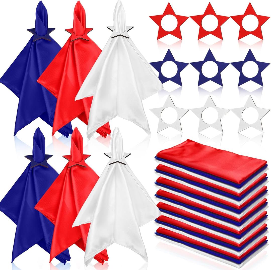 12 Sets Patriotic Cloth Napkin with Wooden Star Napkin Rings Red White Blue 4th of July Independence Day Reusable Cocktail Fabric Ring Holders for Wedding Party Dinner Table Supplies