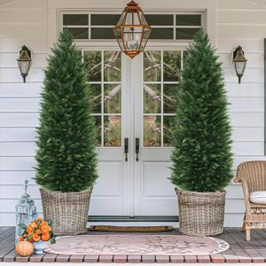 Artificial Cedar Trees, 5FT Tall Faux Tree Potted Plants with Trunk 59in Fake Cypress Tree for Indoor Outdoor Front Porch Garden Decor - 2 Pack